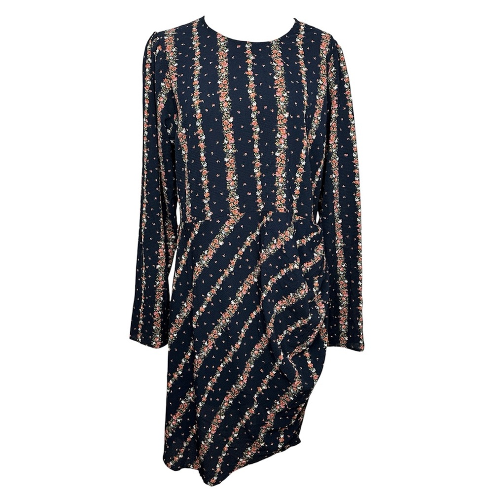 NEW BCBGeneration Navy Floral Ruched Midi Dress Romantic Cottagecore Size XL